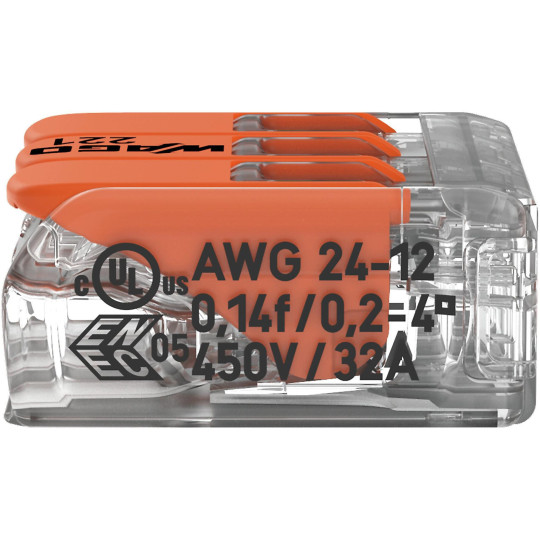 Szybkozłączka uniwersalna LINKA/DRUT 3x 0,2-4mm2 WAGO 221-413 (Paczka 50szt.)