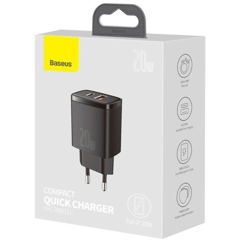 ŁADOWARKA SIECIOWA Baseus Compact Quick Charger CCXJ-B01 20W 1x USB-A 1x USB-C PD 3.0 QC 3.0 CZARNA