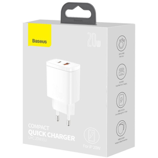 ŁADOWARKA SIECIOWA Baseus Compact Quick Charger CCXJ-B02 20W 1x USB-A 1x USB-C PD 3.0 QC 3.0 BIAŁA