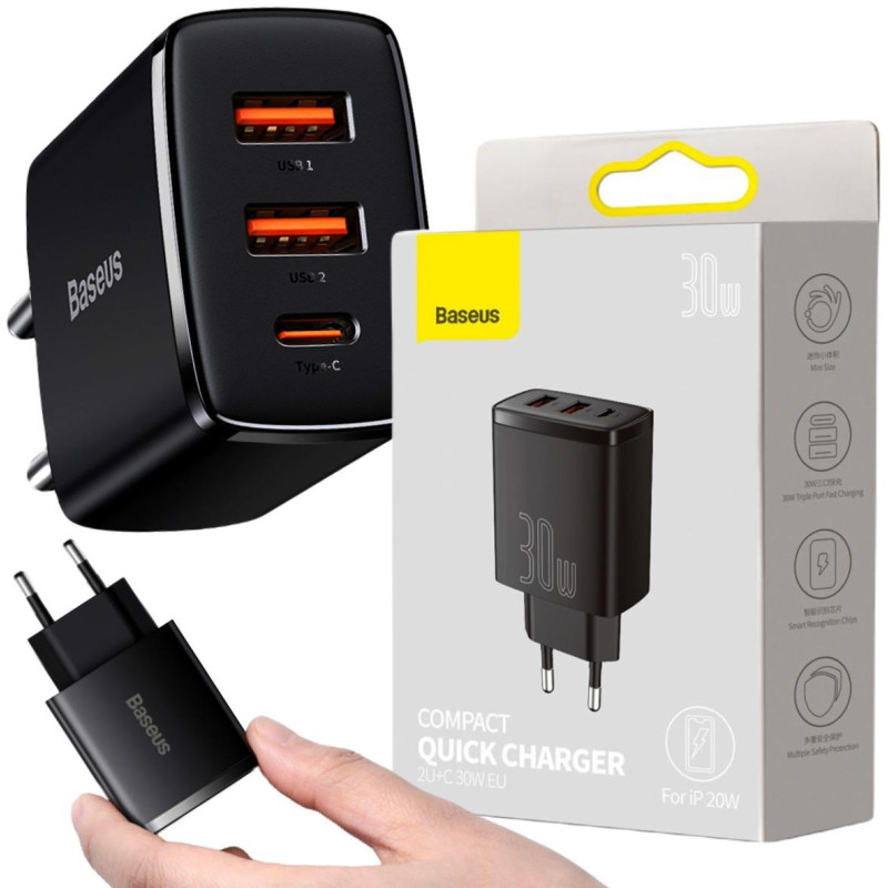 ŁADOWARKA SIECIOWA Baseus Compact Quick Charger CCXJ-E01 30W 2x USB-A 1x USB-C PD 3.0 QC 3.0 CZARNA