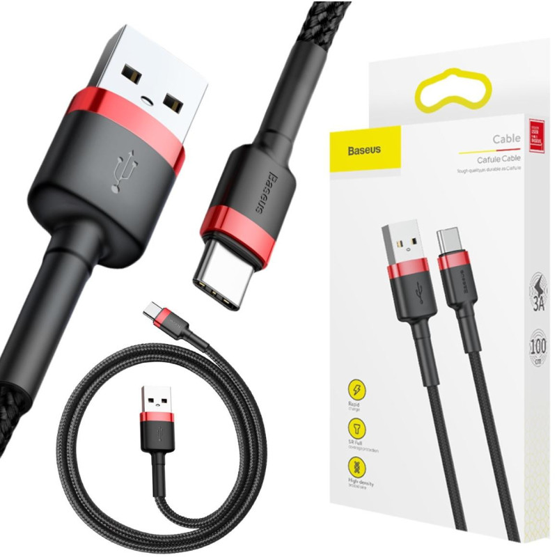 KABEL USB-A / USB-C Baseus Cafule CATKLF-B91 100cm 3A QC 3.0 CZARNO-CZERWONY W OPLOCIE