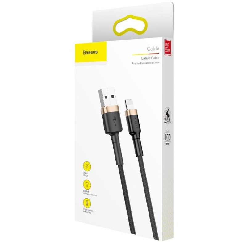 KABEL USB-A / Lightning iPhone Baseus Cafule CALKLF-BV1 100cm Apple 2.4A CZARNO-ZŁOTY W OPLOCIE
