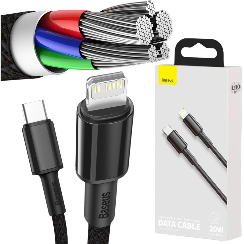 KABEL USB-C / Lightning iPhone Baseus Cafule CATLGD-01 1m 20W PD Quick Charging CZARNY W OPLOCIE