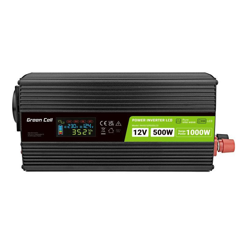 PRZETWORNICA NAPIĘCIA Green Cell PowerInverter LCD 12V / 230V 500W/1000W CZYSTA SINUSOIDA