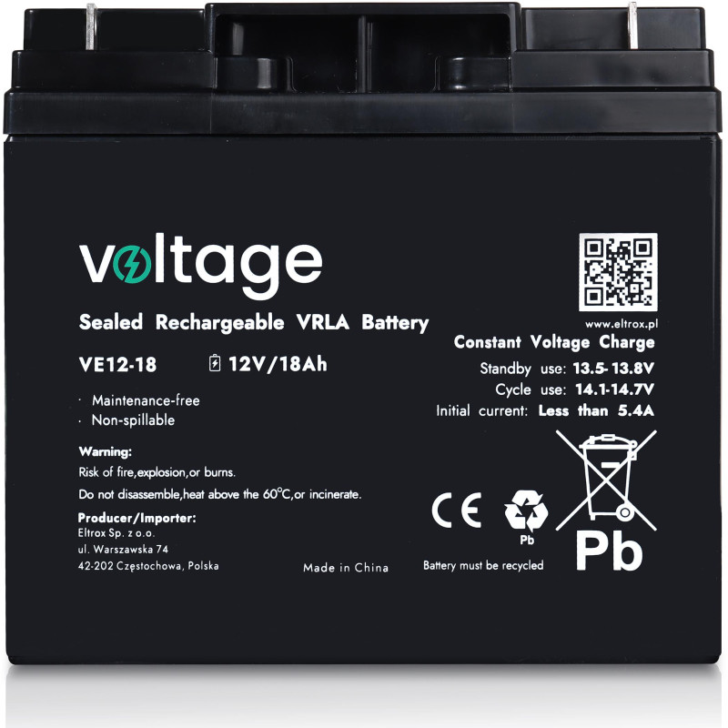 Akumulator AGM Voltage 12V 18Ah VE12-18 (Żywotność 6-9 lat)