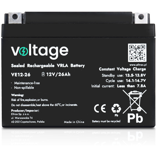 Akumulator AGM Voltage 12V 26Ah VE12-26 (Żywotność 6-9 lat)