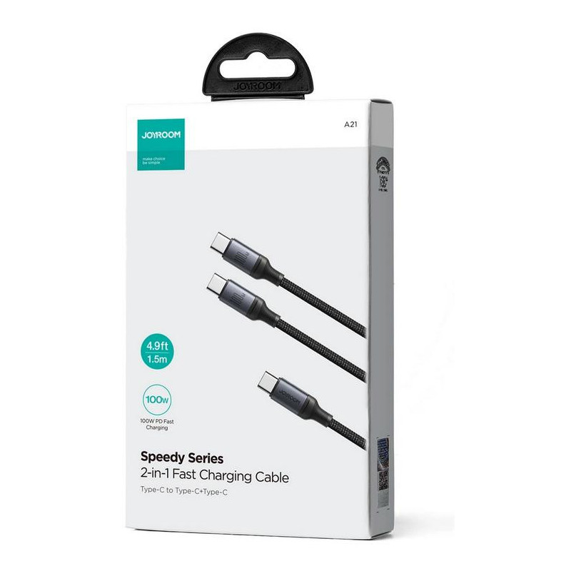 Kabel 2w1 USB-C / 2x USB-C Joyroom Speedy SA21-1T2 150cm 100W w oplocie czarny