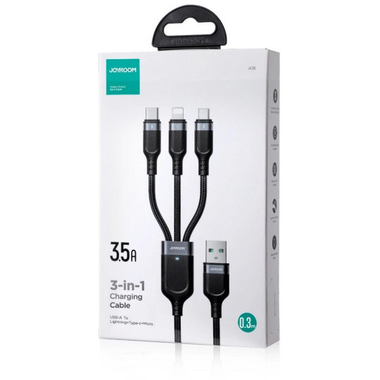 Kabel 3w1 USB-A / USB-C micro-USB Lightning Joyroom S-1T3018A18 30cm 3.5A w oplocie czarny