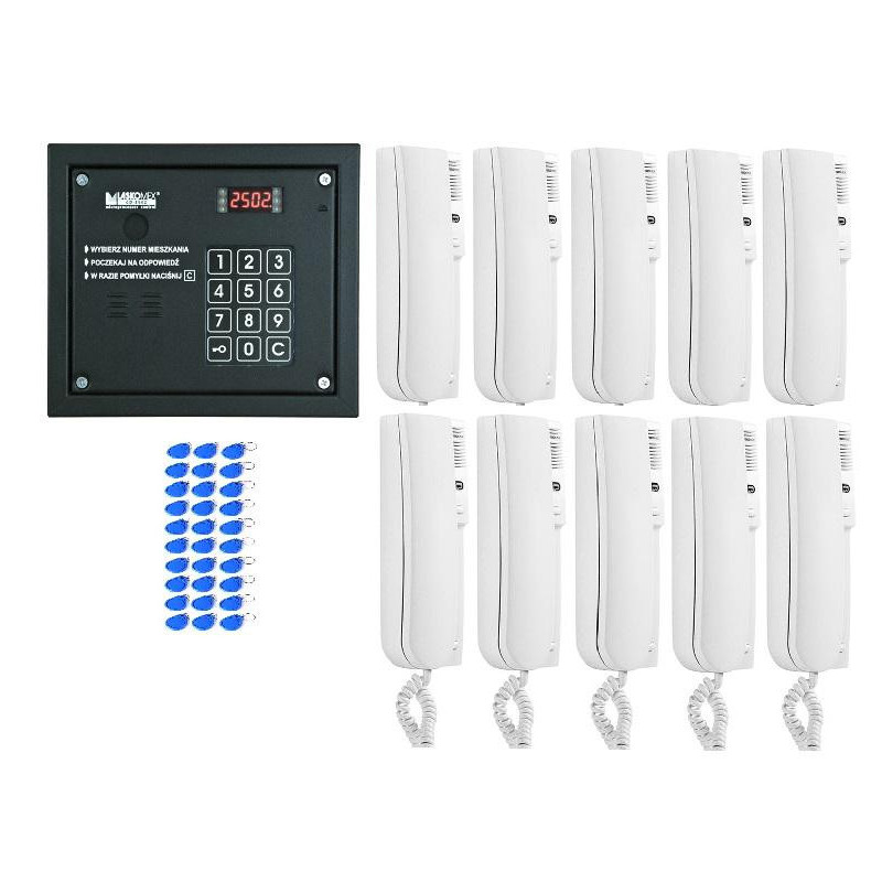 Laskomex system domofonu 10 lokatorów, 1 wejście, czytnik rfid.