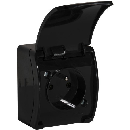 Gniazdo natynkowe pojedyncze z uziemieniem, z klapką VIPLAST KOALA CZARNE IP44 161-05